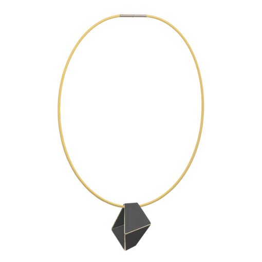 2. Studio image of Lisa Kroeber Jewellery Folded Necklace in black, featuring geometric pendant on brass chain
