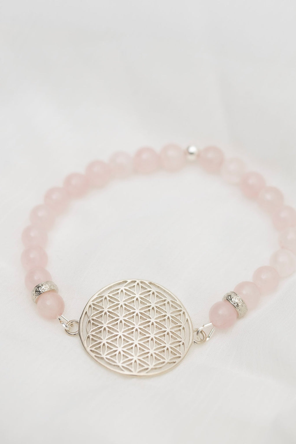 2. Flower Of Life bracelet in rose quartz with 925 silver charm, handmade by New Vintage by Kriss