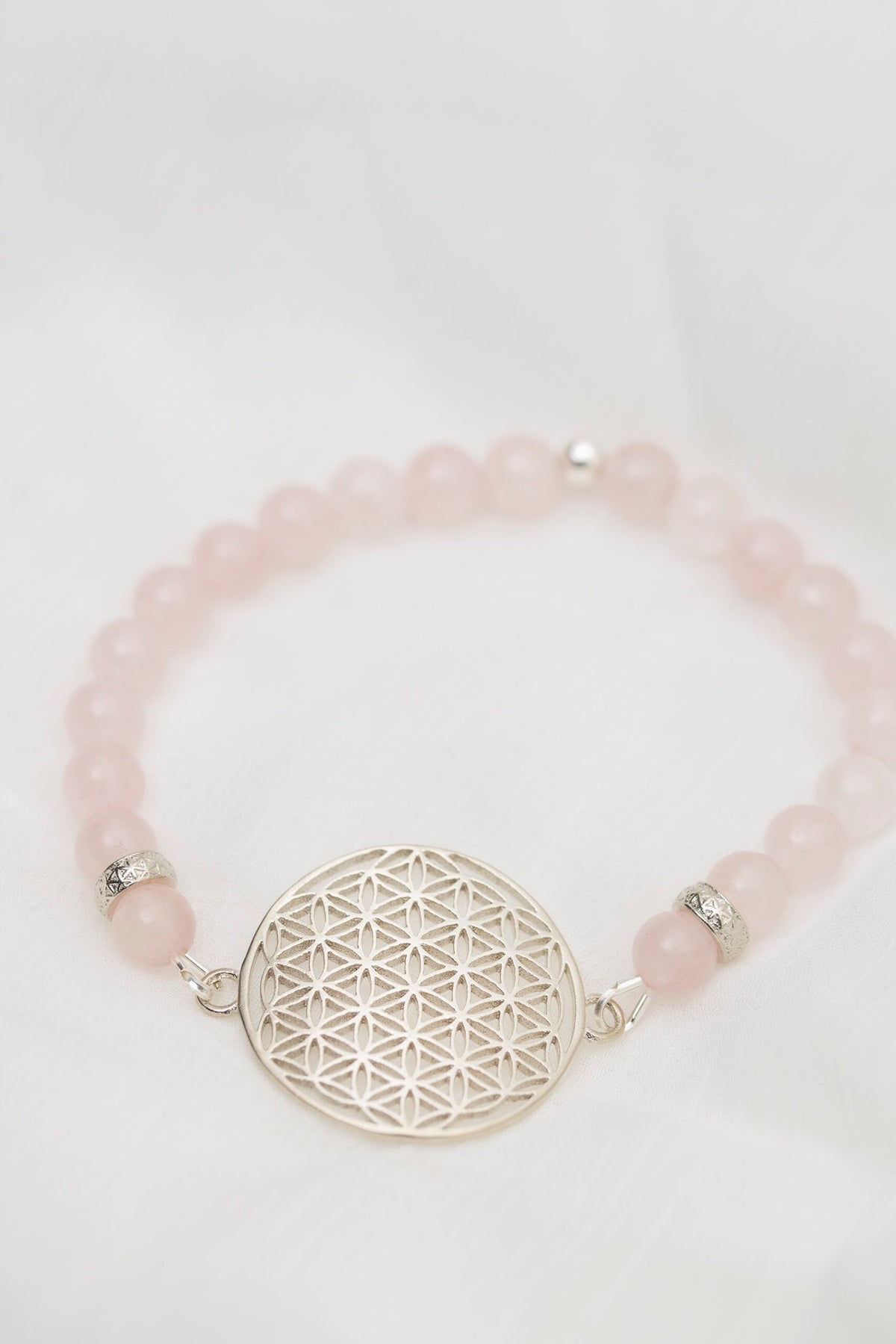 2. Flower Of Life bracelet in rose quartz with 925 silver charm, handmade by New Vintage by Kriss