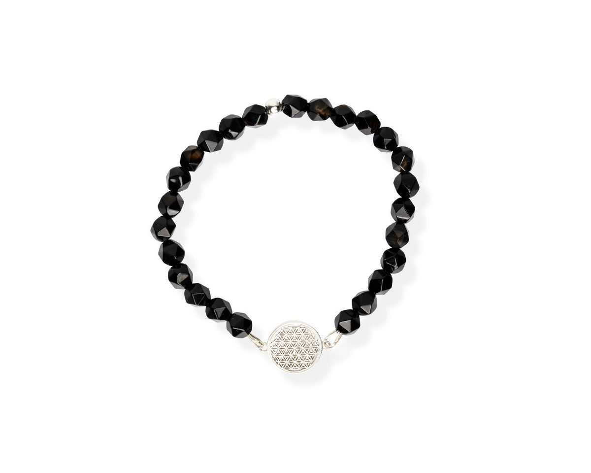 3. Studio image of Flower Of Life Bracelet S with onyx beads and silver medallion, by New Vintage by Kriss