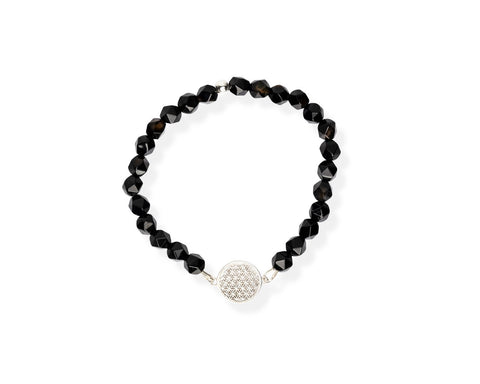 3. Studio image of Flower Of Life Bracelet S with onyx beads and silver medallion, by New Vintage by Kriss