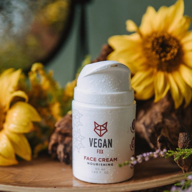 5. Vegan Fox nourishing face cream bottle with sunflowers, highlighting natural and botanical elements