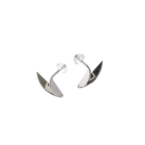 3. Studio image of Alas Upcycled Earrings by Lentsius, featuring polished stainless steel with unique bent design