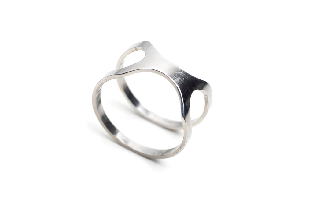6. Close-up of Lentsius Versus ring, highlighting polished stainless steel and innovative design