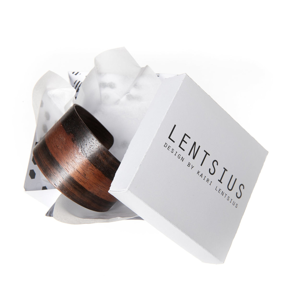 4. Lentsius Woody Bracelet in Ebony in open packaging, showcasing eco-friendly design