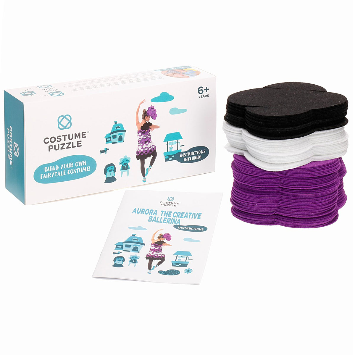 4. Flat lay of Costume Puzzle box with felt pieces in black, white, and purple and instruction booklet