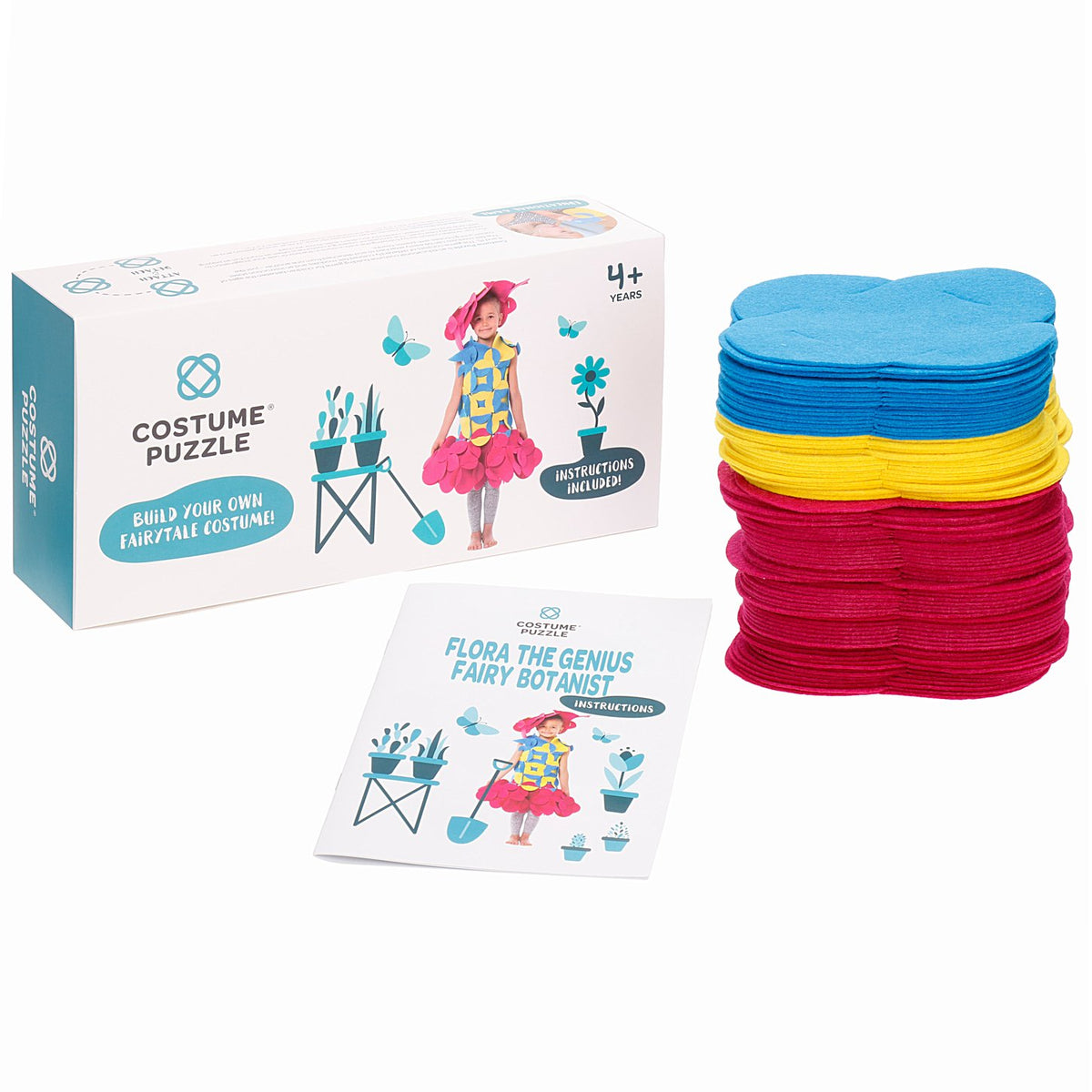 10. Costume Puzzle set with box, colorful felt pieces, and instruction booklet for Flora the Genius Fairy Botanist
