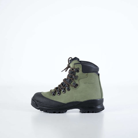 3. Side view of Samelin 553P Firtree Hiking Boots in green nubuck leather, featuring protective toe cap and Vibram sole