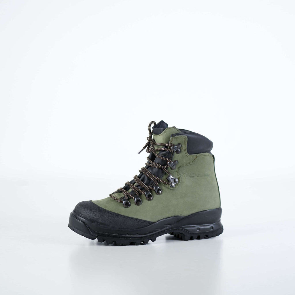 4. Samelin 553P Firtree Hiking Boots in green nubuck leather, studio shot showing waterproof design and Vibram sole