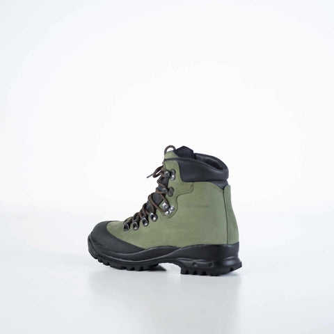 1. Samelin 553P Firtree Hiking Boots in green nubuck leather, shown in studio with waterproof design and Vibram sole
