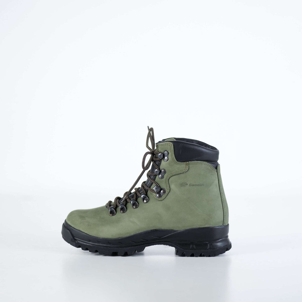 4. Samelin 5531 Firtree Hiking Boots in green nubuck leather, side view in studio setting