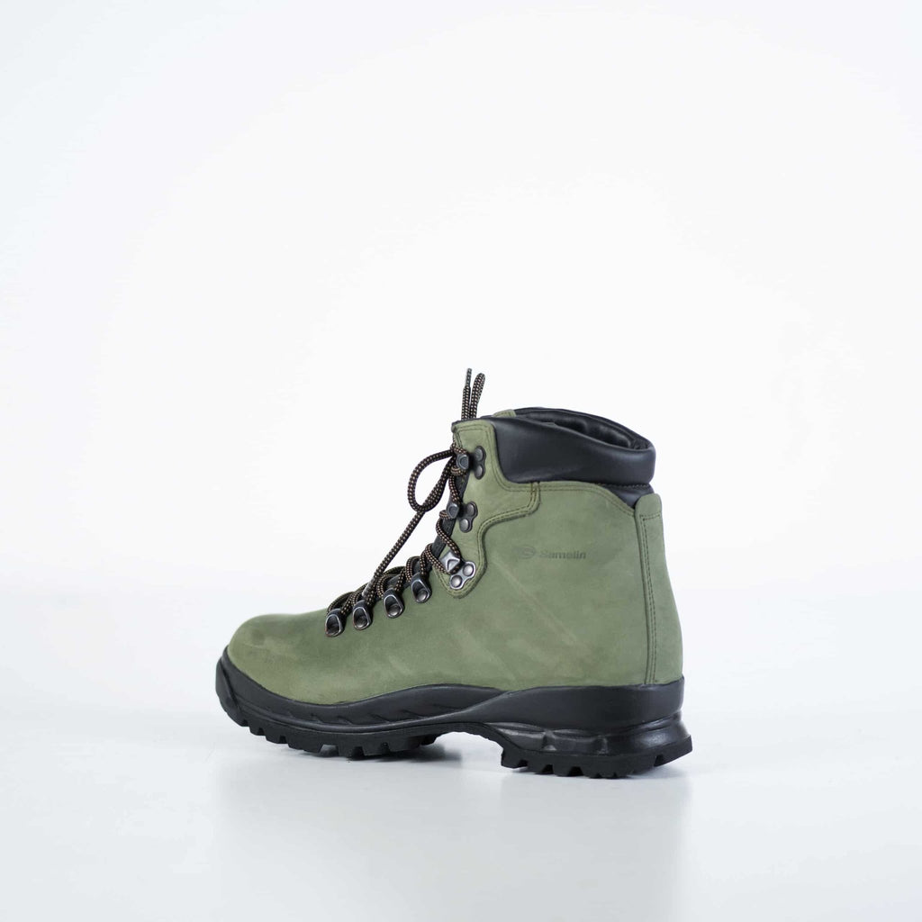 3. Samelin 5531 Firtree Hiking Boots in green nubuck leather, angled side view in studio