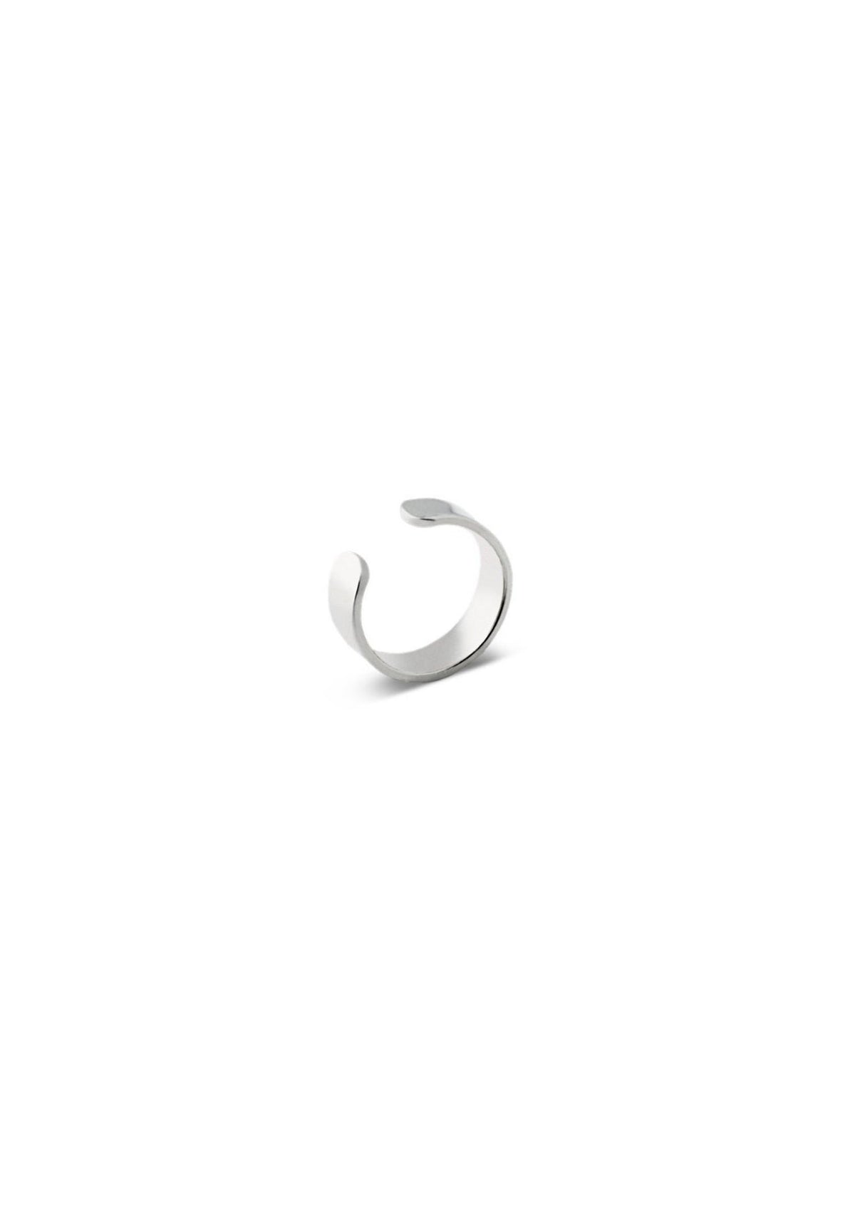 2. Studio shot of NO MORE flat ear cuff in sterling silver, highlighting its minimalist and sleek design
