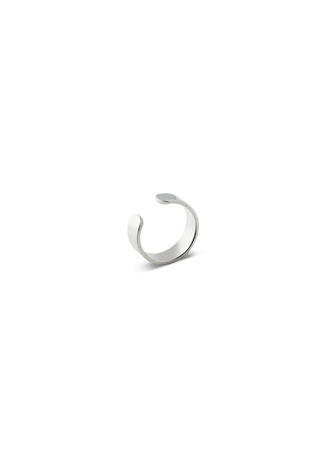 2. Studio shot of NO MORE flat ear cuff in sterling silver, highlighting its minimalist and sleek design