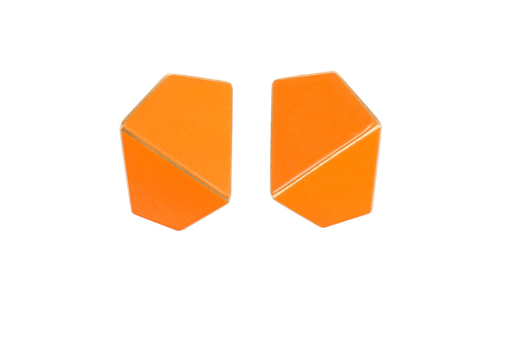 8. Lisa Kroeber Jewellery Folded Wide Earrings in orange, handcrafted brass and sterling silver