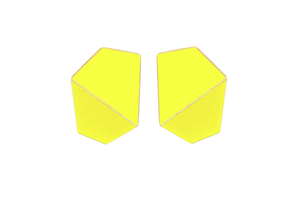 16. Lisa Kroeber Jewellery Folded Wide Earrings in bright yellow, handcrafted brass and sterling silver