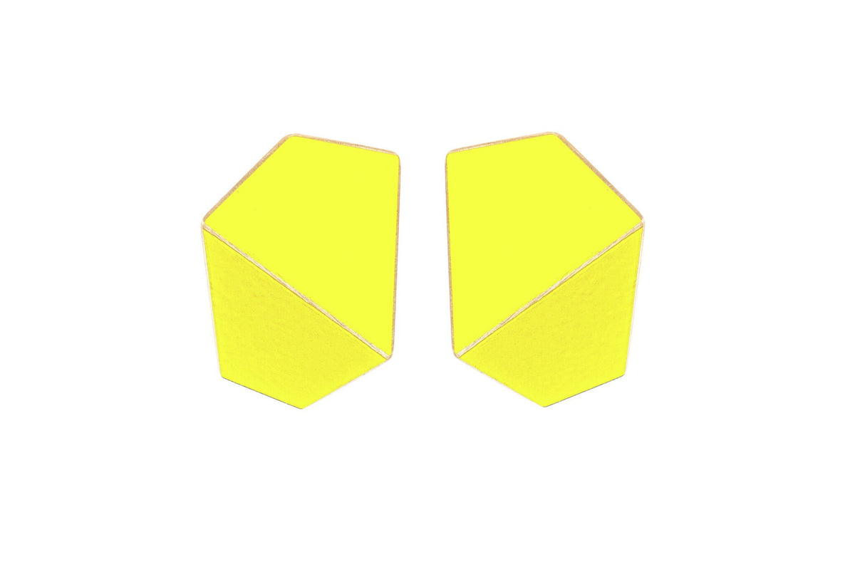 16. Lisa Kroeber Jewellery Folded Wide Earrings in bright yellow, handcrafted brass and sterling silver