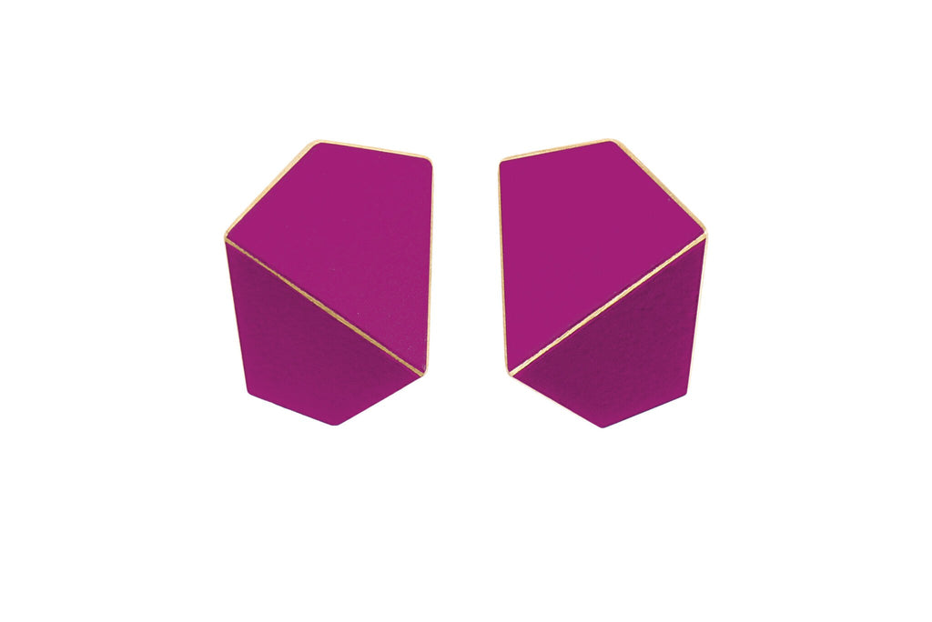 6. Lisa Kroeber Jewellery Folded Wide Earrings in magenta, handcrafted brass and sterling silver