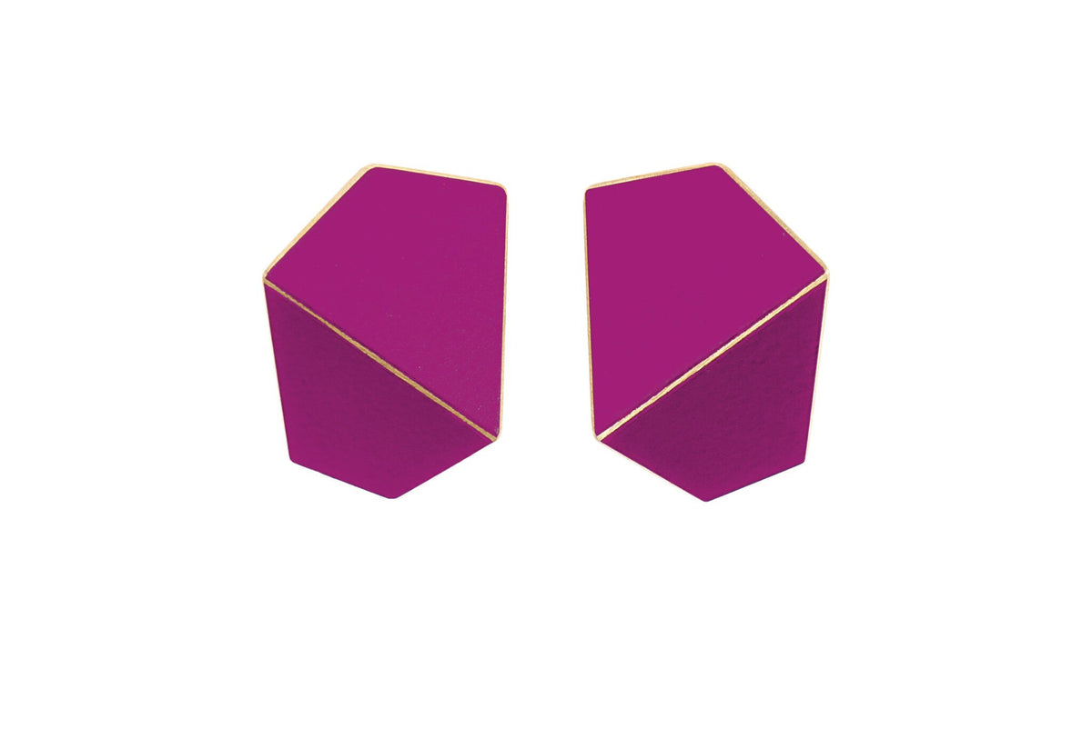 6. Lisa Kroeber Jewellery Folded Wide Earrings in magenta, handcrafted brass and sterling silver