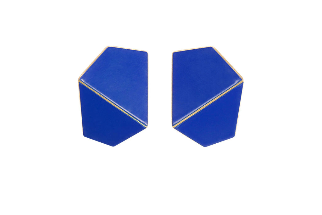 12. Lisa Kroeber Jewellery Folded Wide Earrings in blue, handcrafted brass and sterling silver