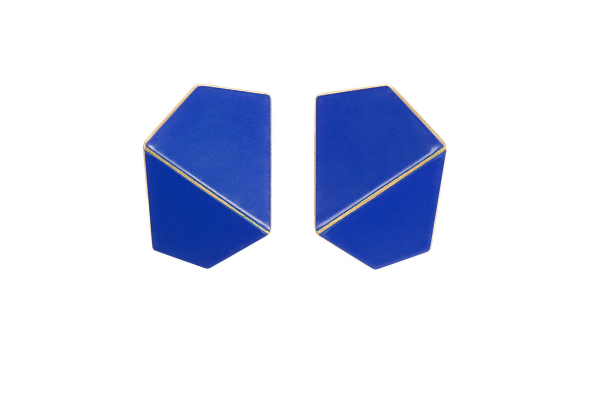 12. Lisa Kroeber Jewellery Folded Wide Earrings in blue, handcrafted brass and sterling silver