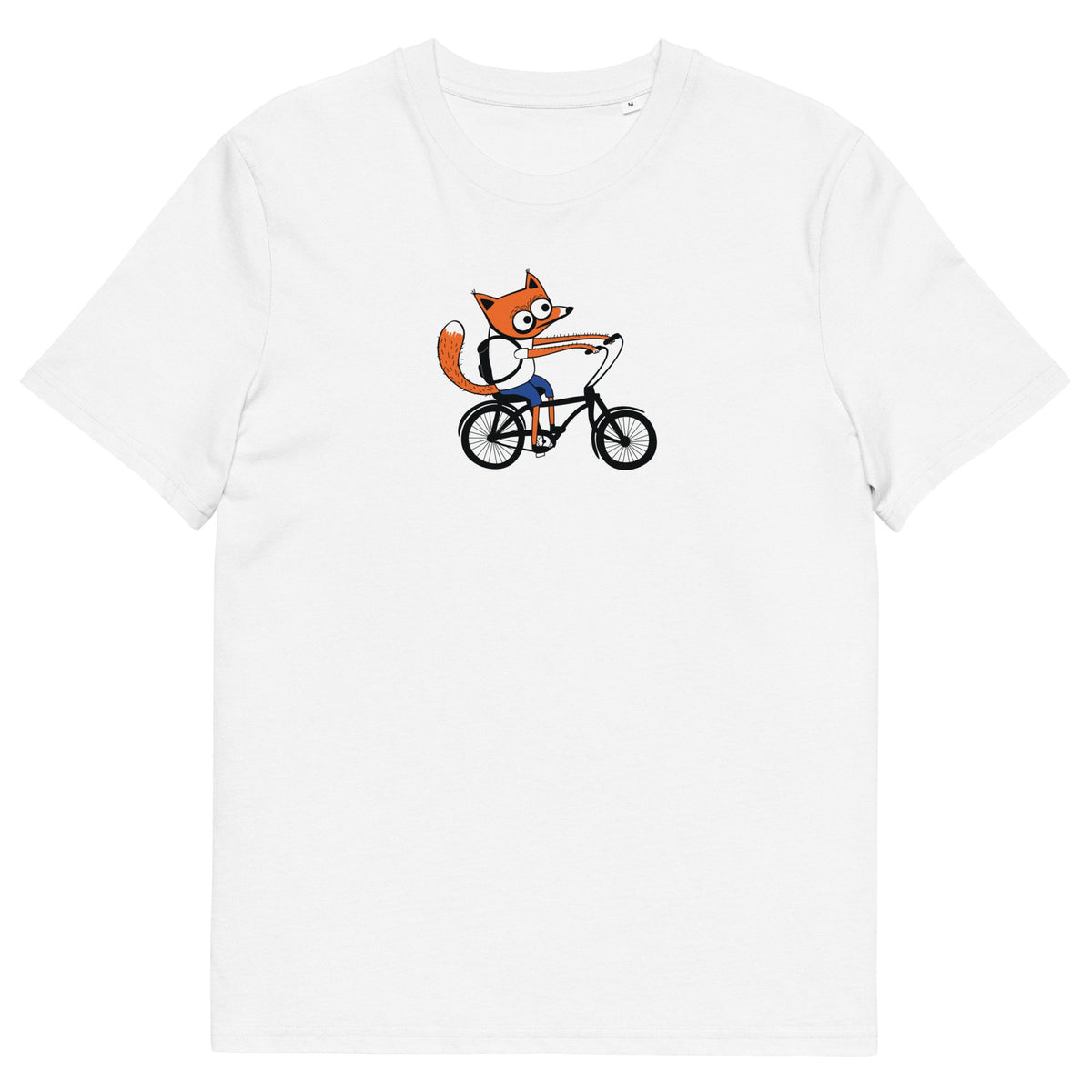 1. Unisex Biker Fox T-Shirt by HILP in white, featuring a playful fox on a bicycle graphic, made from 100% organic cotton