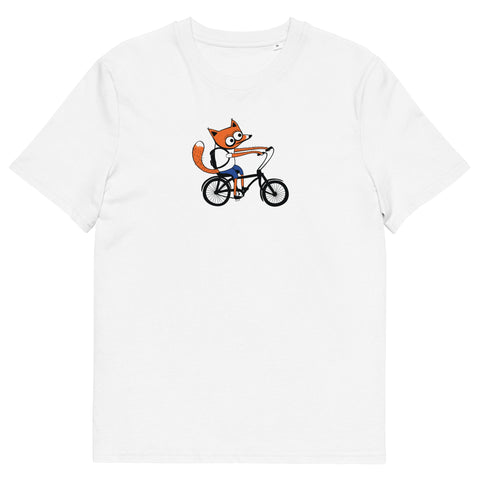 1. Unisex Biker Fox T-Shirt by HILP in white, featuring a playful fox on a bicycle graphic, made from 100% organic cotton