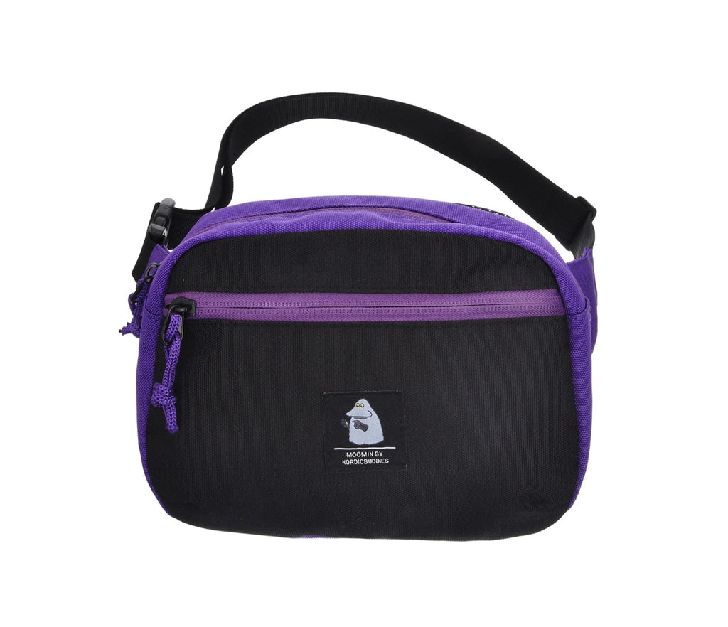 2. Studio image of The Groke Retro Waist Bag in black and purple by Moomin, front view with adjustable strap