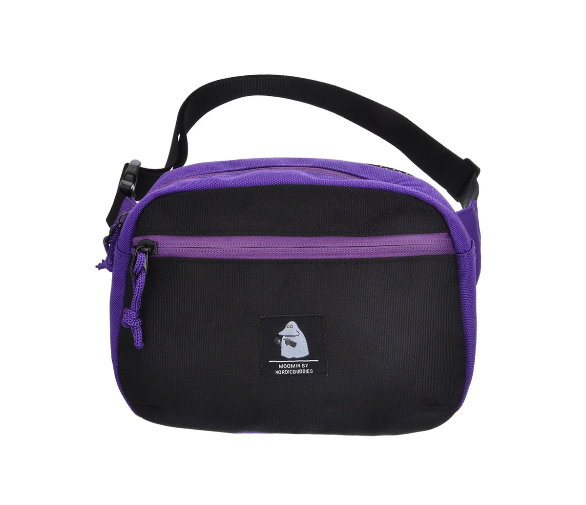2. Studio image of The Groke Retro Waist Bag in black and purple by Moomin, front view with adjustable strap