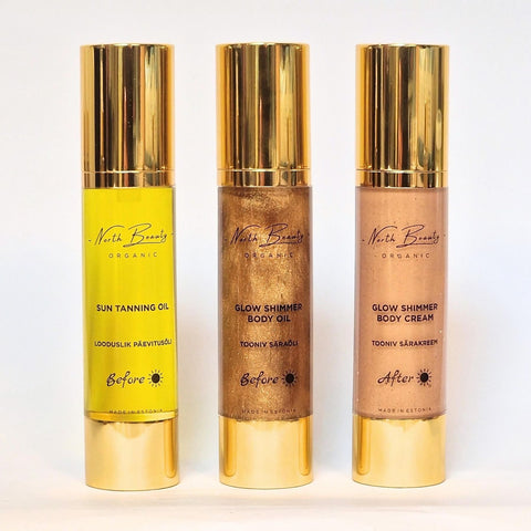 4. North Beauty product lineup featuring Sun Tanning Oil, Glow Shimmer Body Oil, and Tinted Glow Cream