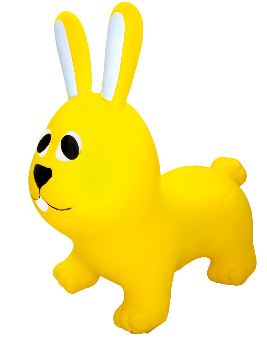 2. Yellow bunny-shaped hopper toy with white ears and black eyes on a white background