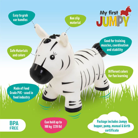 4. Zebra-shaped hopper toy with text bubbles highlighting features like BPA-free, food-grade PVC, and 100 kg weight capacity