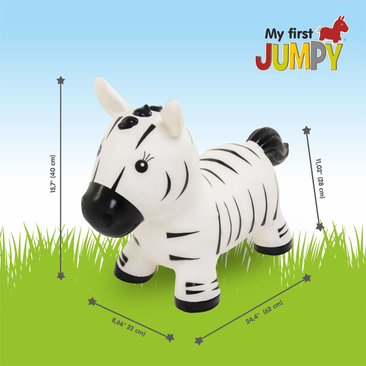 5. Size chart for zebra-shaped hopper toy showing dimensions in centimeters on grass background