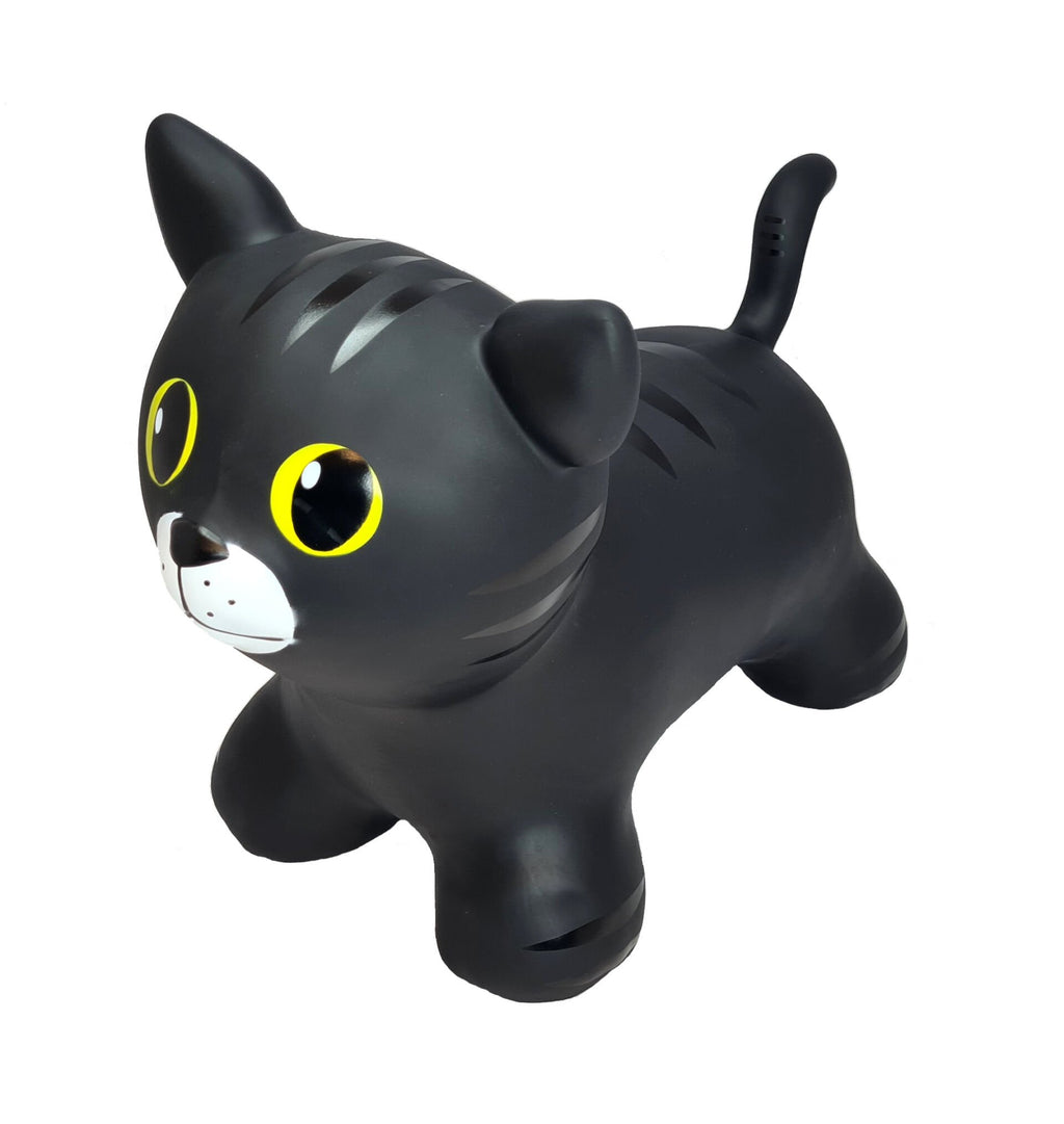 2. Black cat-shaped hopper toy with yellow eyes and white face details on a white background