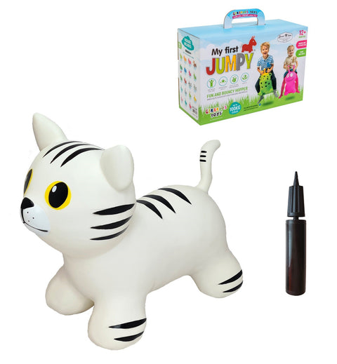 3. White cat-shaped hopper toy with black stripes, yellow eyes, and included hand pump, next to product packaging box
