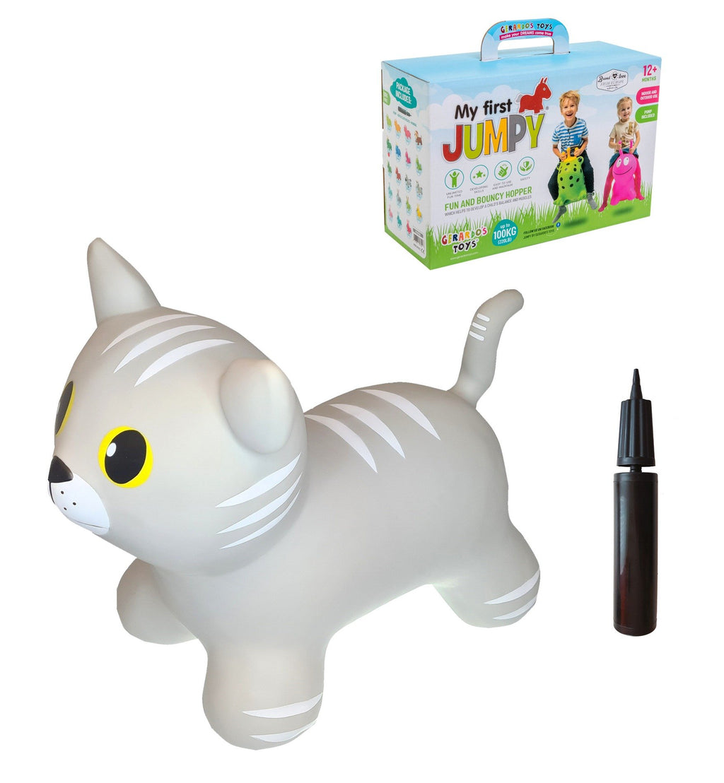 3. Grey cat-shaped hopper toy with hand pump and packaging box, featuring Gerardo's Toys branding, on white background