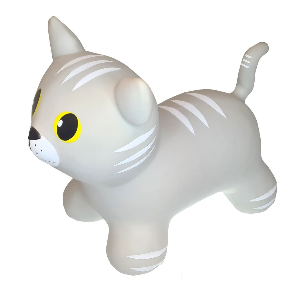 2. Grey cat-shaped hopper toy by Gerardo's Toys with yellow eyes and white stripes, shown in studio lighting