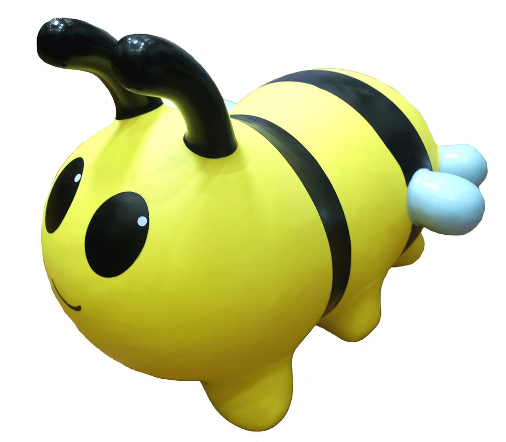 2. Yellow bee-shaped hopper toy with black stripes and blue tail on black background