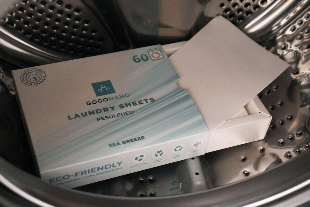 5. GoGoNano Laundry Sheets box inside washing machine drum