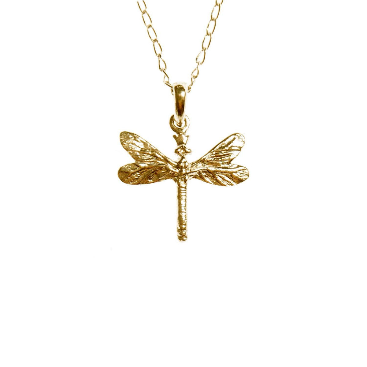 2. Gold dragonfly pendant on a delicate chain, made of gold plated silver, shown against a white background