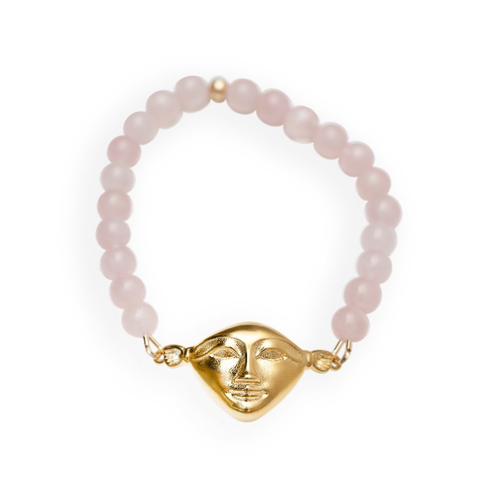 3. Studio shot of Hathor Harmony Bracelet with rose quartz and gold plated silver face, New Vintage by Kriss