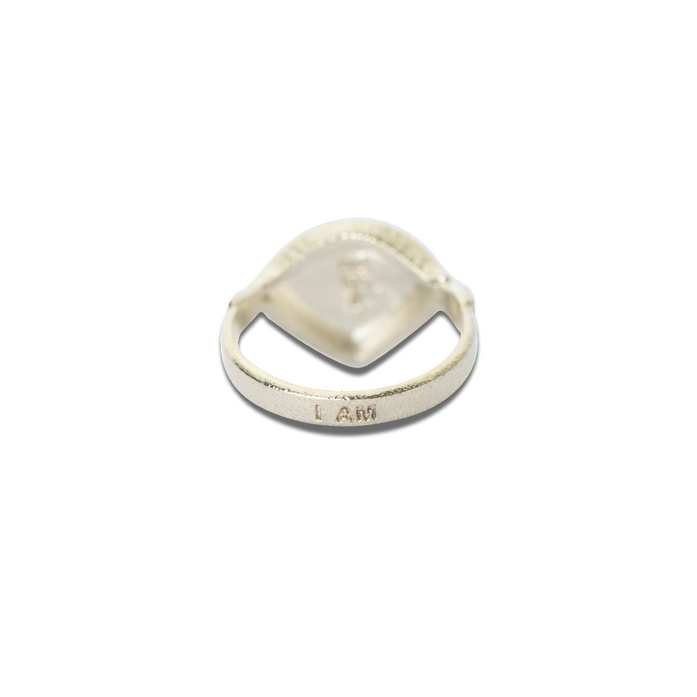 2. Close-up of Hathor Harmony Ring in silver with 'I AM' engraving, by New Vintage by Kriss