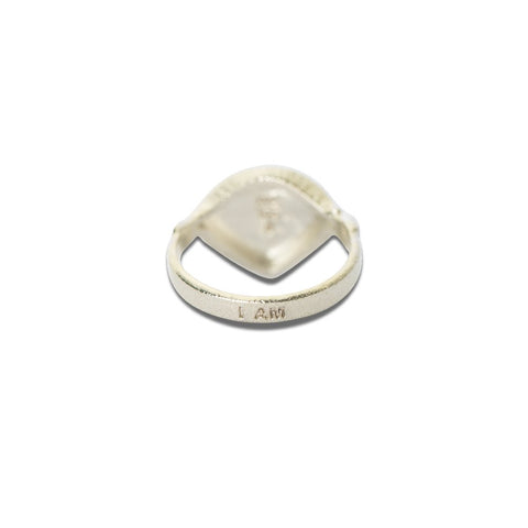 2. Close-up of Hathor Harmony Ring in silver with 'I AM' engraving, by New Vintage by Kriss