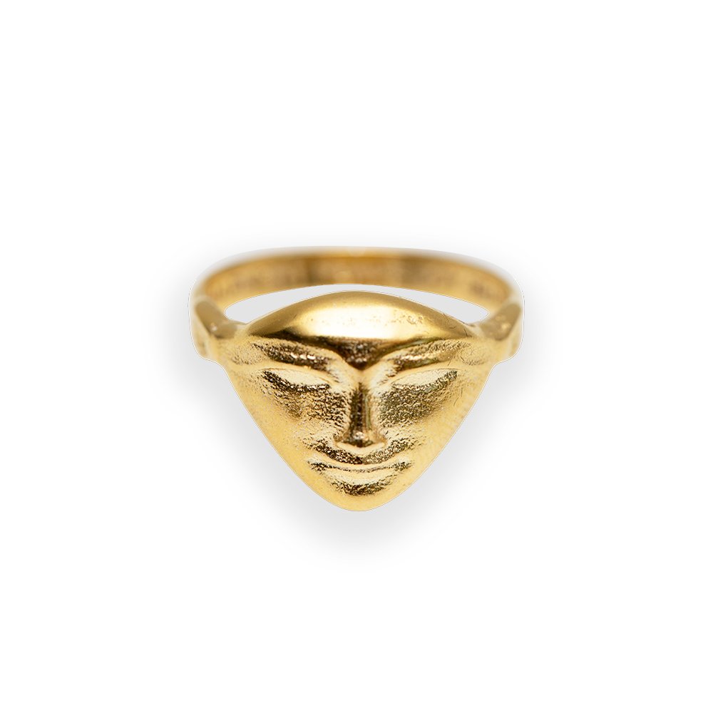 2. Studio image of Hathor Harmony Ring in gold by New Vintage by Kriss, featuring face design