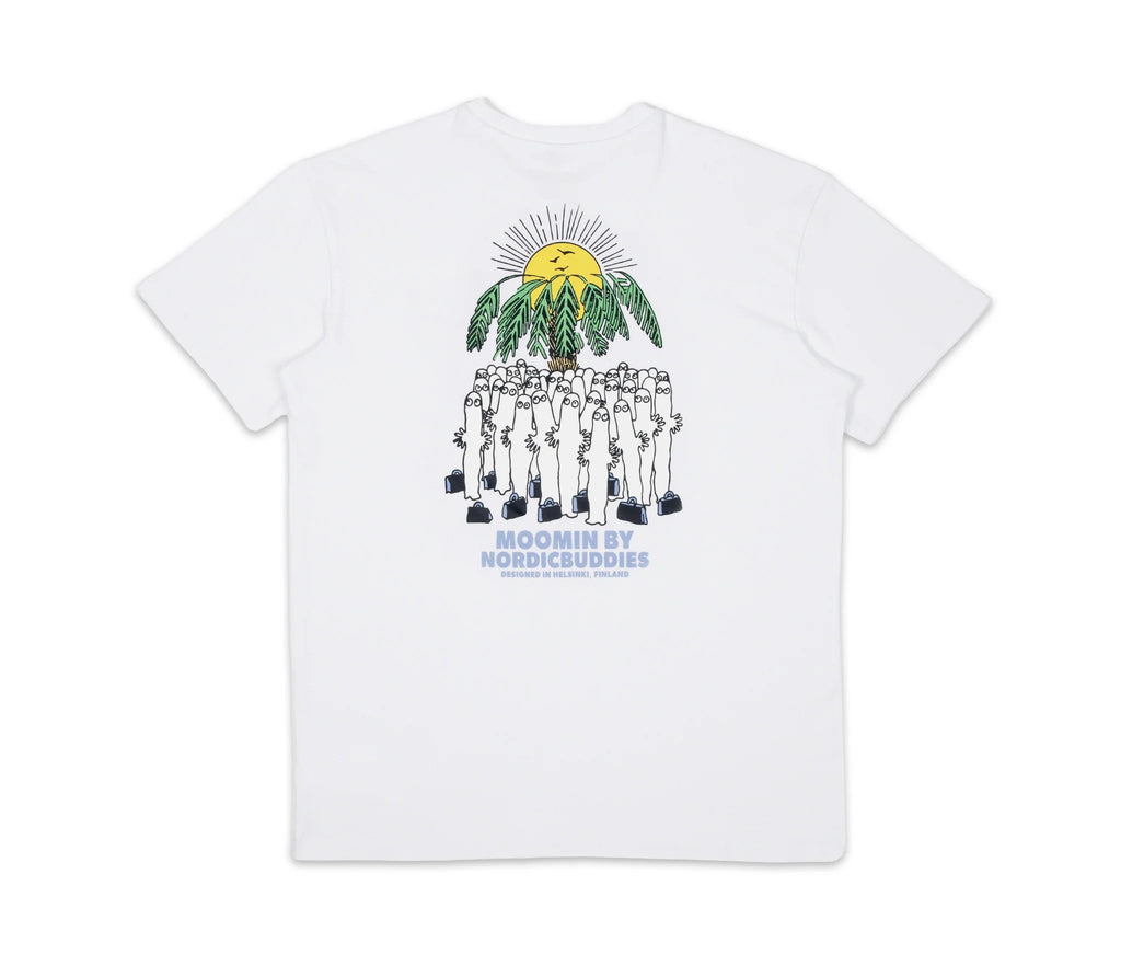 3. Unisex Hattifatteners Surf Trip T-Shirt by Moomin, studio shot of back design with Hattifatteners graphic