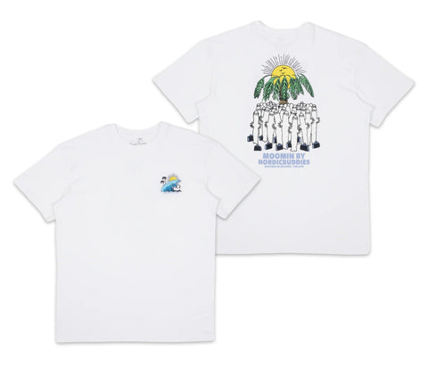 2. Unisex Hattifatteners Surf Trip T-Shirt by Moomin, front and back view, flat lay showing graphic design