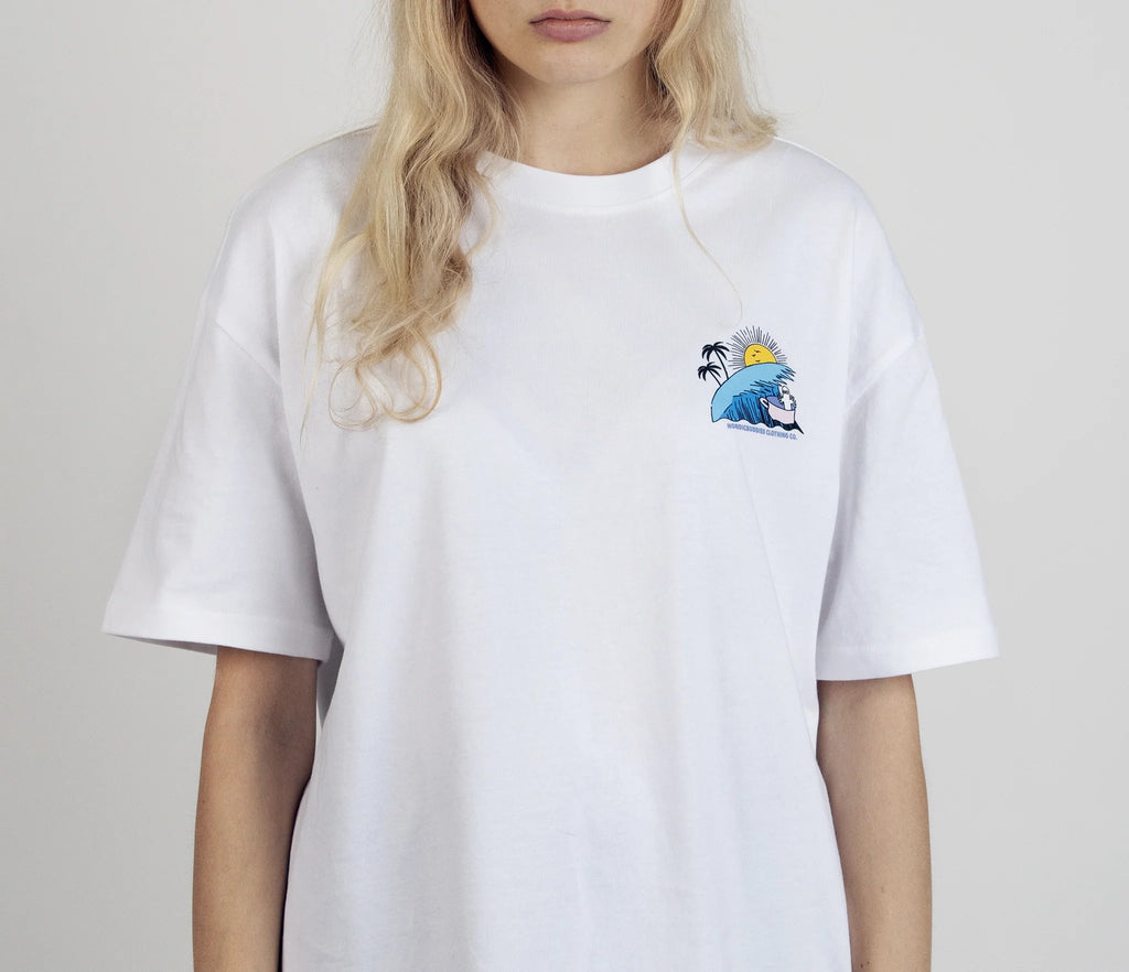7. Close-up of women's Hattifatteners Surf Trip T-Shirt by Moomin, front chest graphic detail
