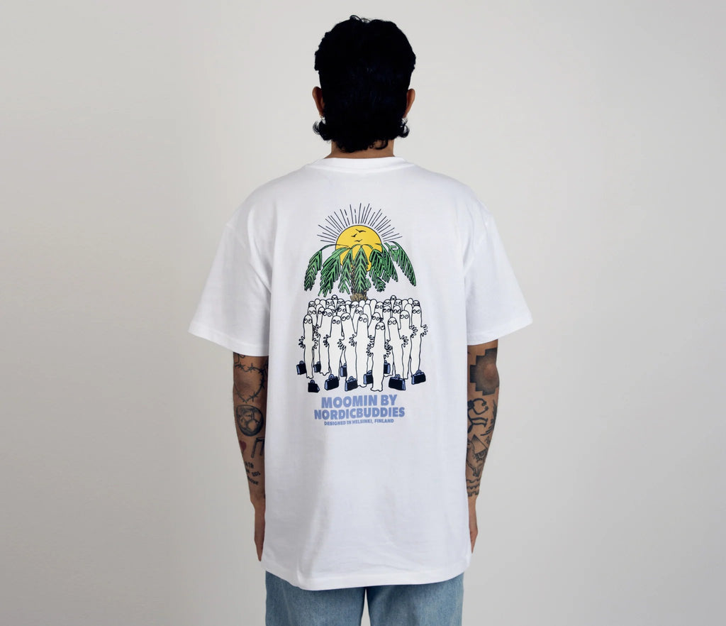 6. Men's Hattifatteners Surf Trip T-Shirt by Moomin, back view with graphic design, studio setting
