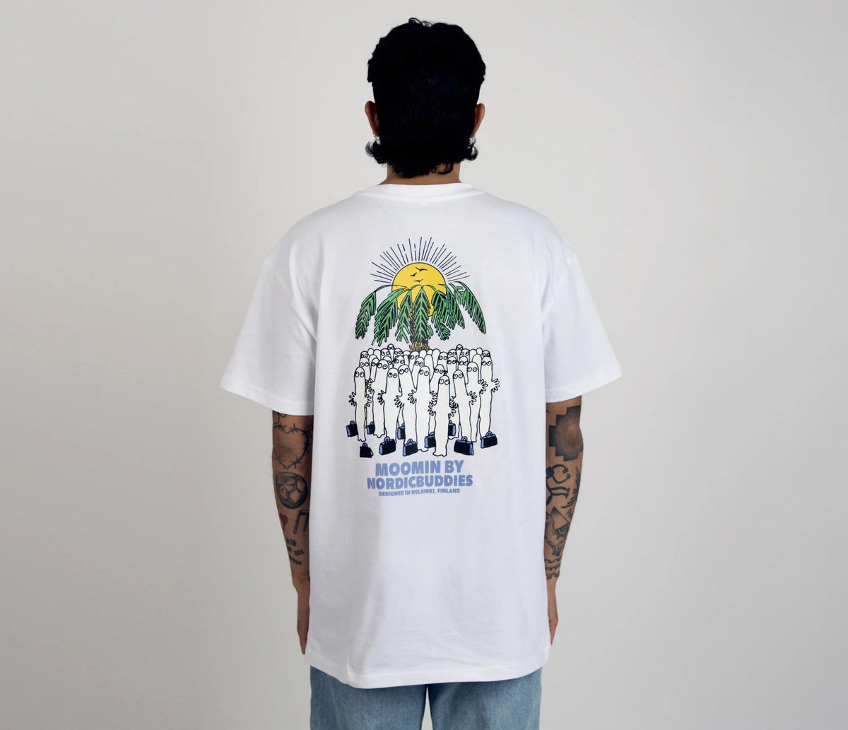 6. Men's Hattifatteners Surf Trip T-Shirt by Moomin, back view with graphic design, studio setting