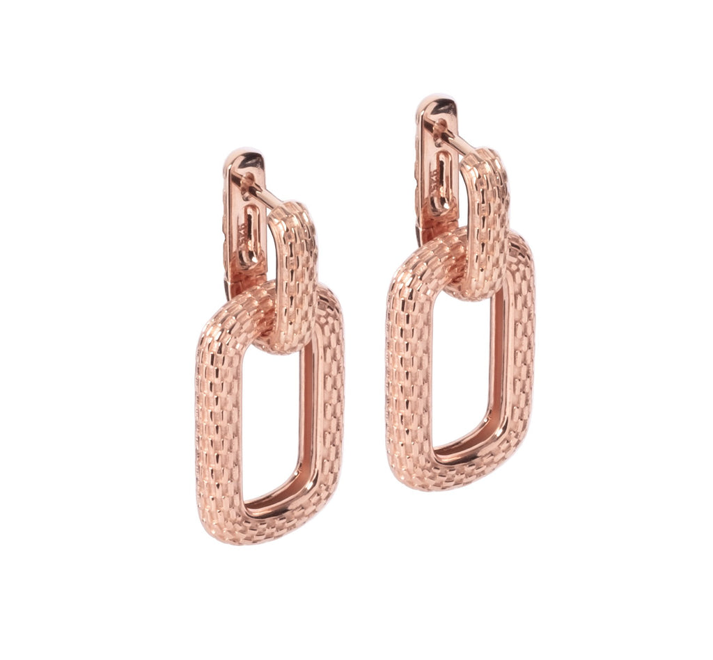 2. Side view of MyaMoon Honey Bee Hoopy Link Charm Earrings in rose gold, studio setting